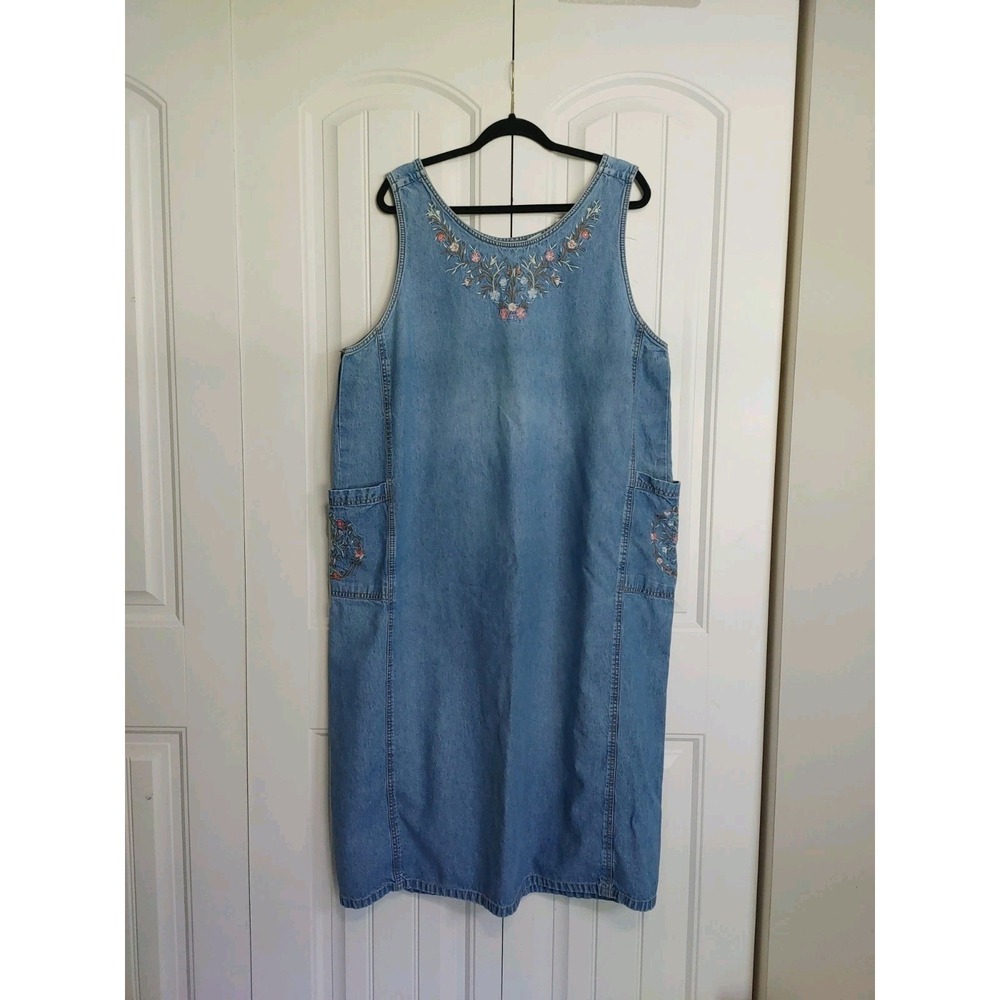 Cherokee Plus Size Denim Midi Dress Women's XL Floral Embroidered Jumper Teacher